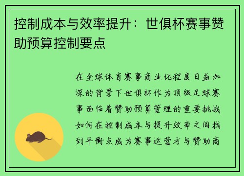 控制成本与效率提升：世俱杯赛事赞助预算控制要点